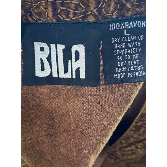 Bila Womens Brown Boho Embroidered Midi Dress L 100% Rayon Short Sleeve Tie Back - Picture 5 of 8